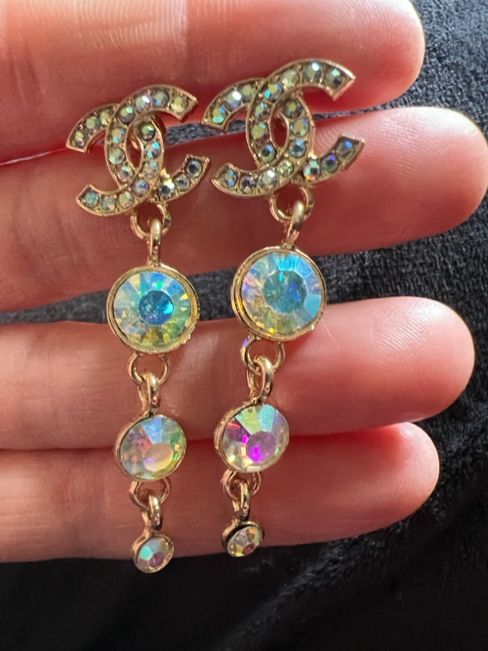 CHANEL Gold-Tone Drop Earrings with Iridescent Crystal Rounds